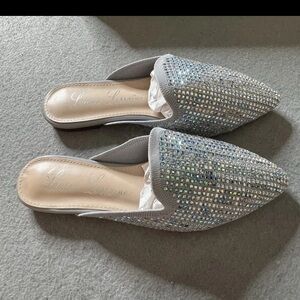 NEW Lauren Lorraine Sharon Silver Pointed Mules Womens 6.5 Rhinestone Formal